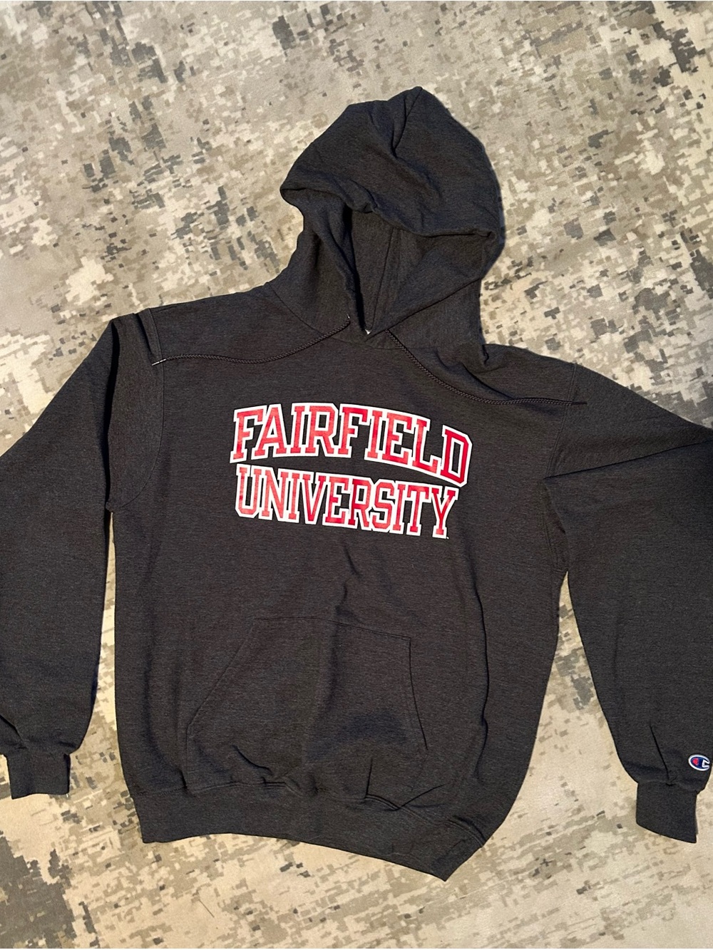 Champion Dark Gray Fairfield University Hooded Sweatshirt with Red & White Logo